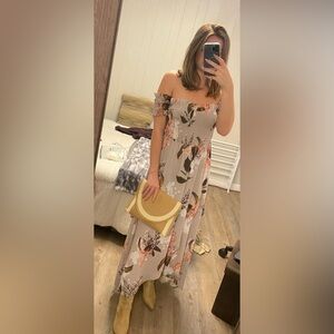 Limelush floral maxi dress; off the shoulder; strapless; with wrap slit